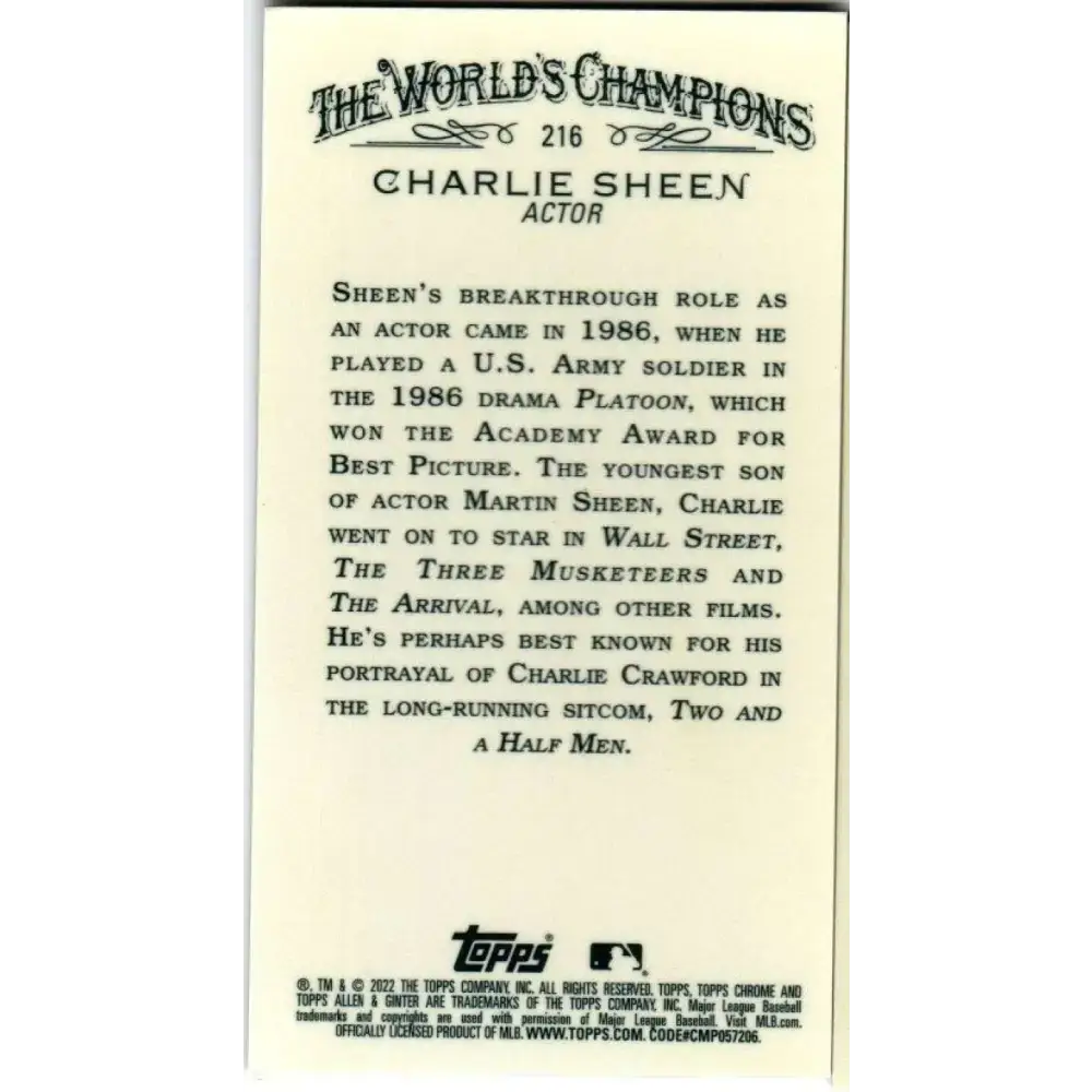 2022 Topps Allen and Ginter Chrome Mini Refractor #216 Charlie Sheen NM-MT Baseball Card - Baseball Card Single