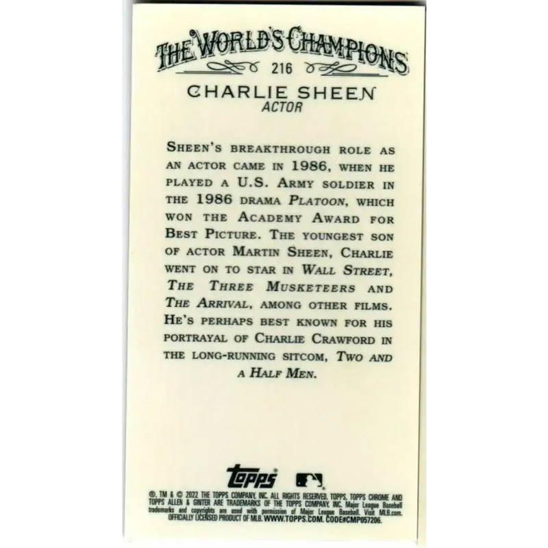 2022 Topps Allen and Ginter Chrome Mini Refractor #216 Charlie Sheen NM-MT Baseball Card - Baseball Card Single