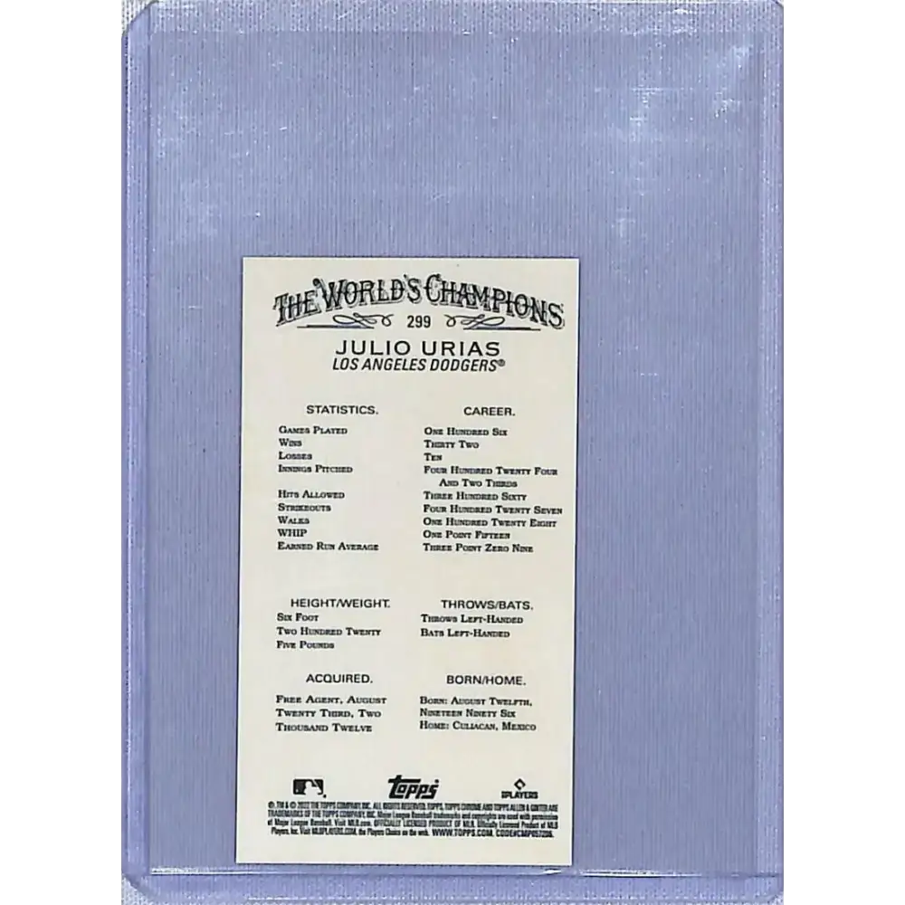2022 Topps Allen and Ginter Chrome Mini Refractor #299 Julio Urias NM-MT Los Angeles Dodgers Baseball Card - Baseball