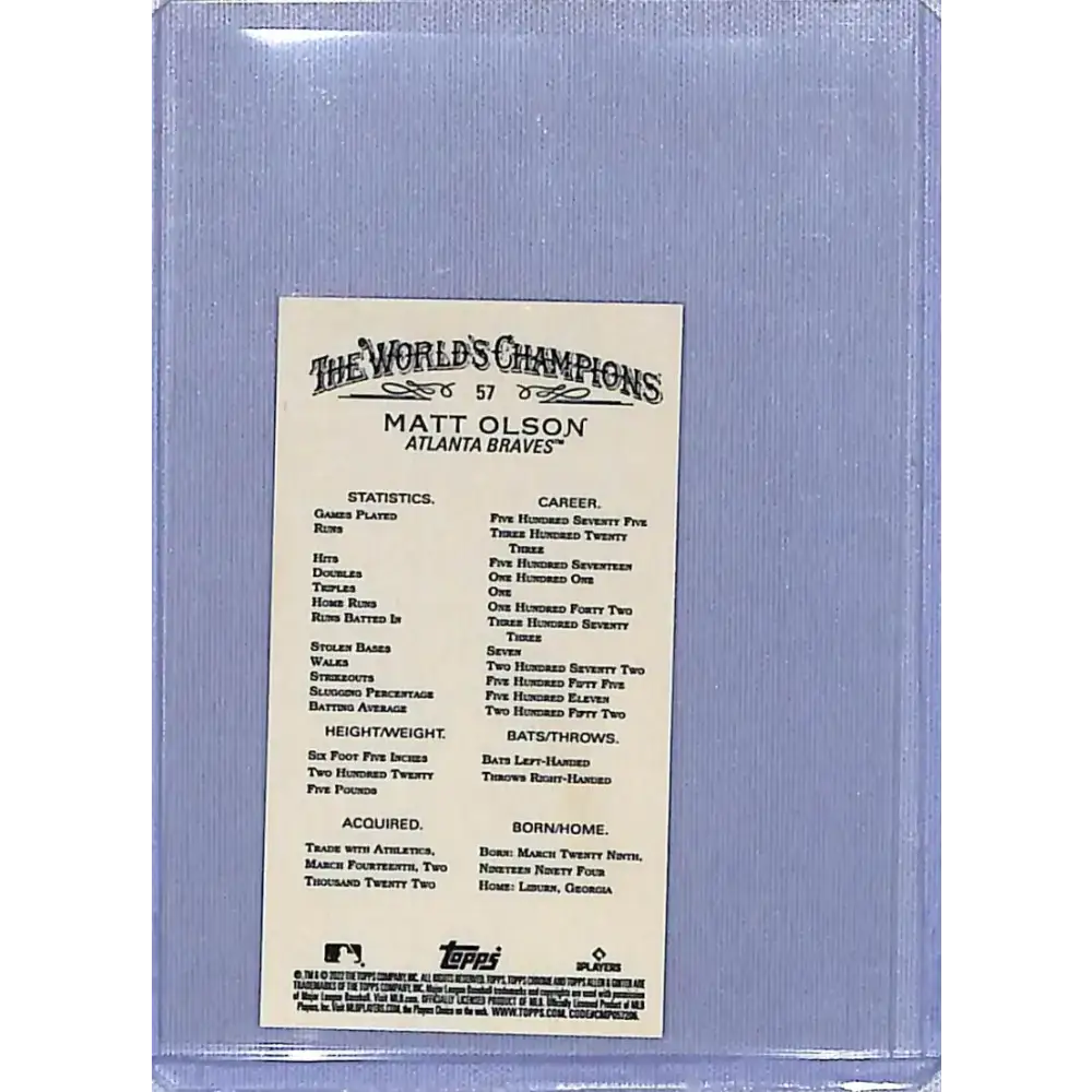 2022 Topps Allen and Ginter Chrome Mini Refractor #57 Matt Olson NM-MT Atlanta Braves Baseball Card - Baseball Card