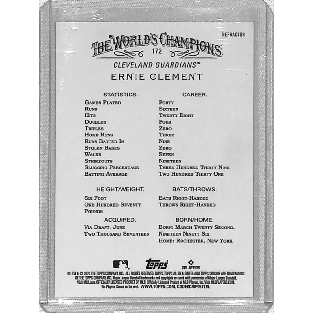 2022 Topps Allen and Ginter Chrome Refractor #172 Ernie Clement NM-MT RC Rookie Cleveland Guardians Baseball Card