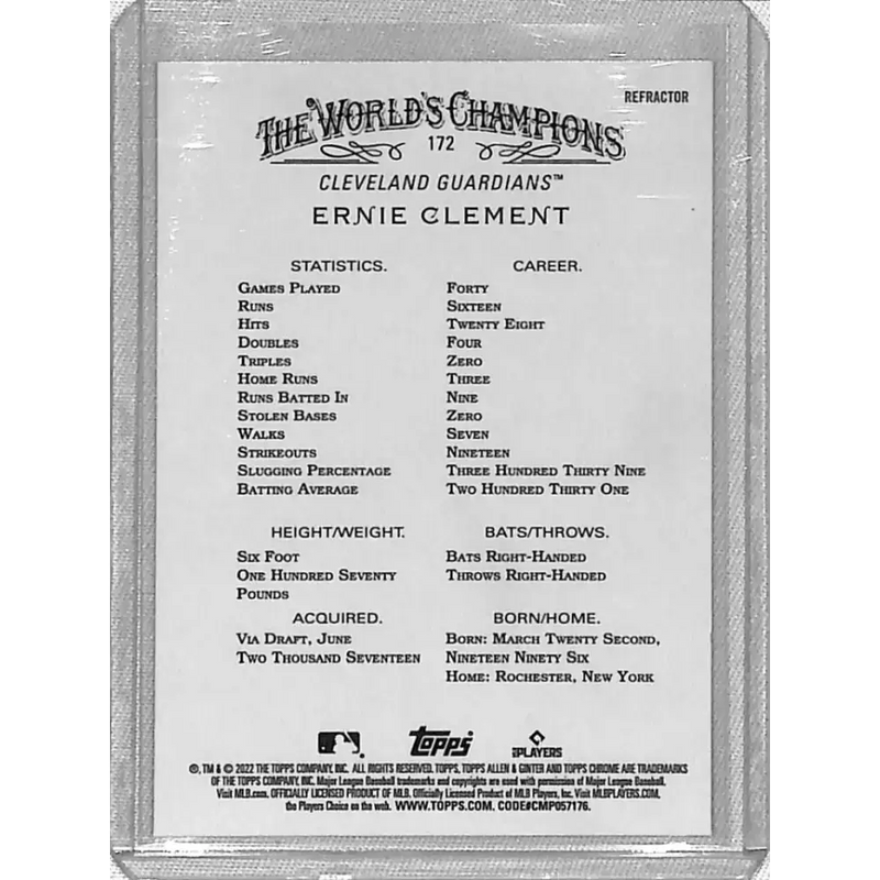 2022 Topps Allen and Ginter Chrome Refractor #172 Ernie Clement NM-MT RC Rookie Cleveland Guardians Baseball Card