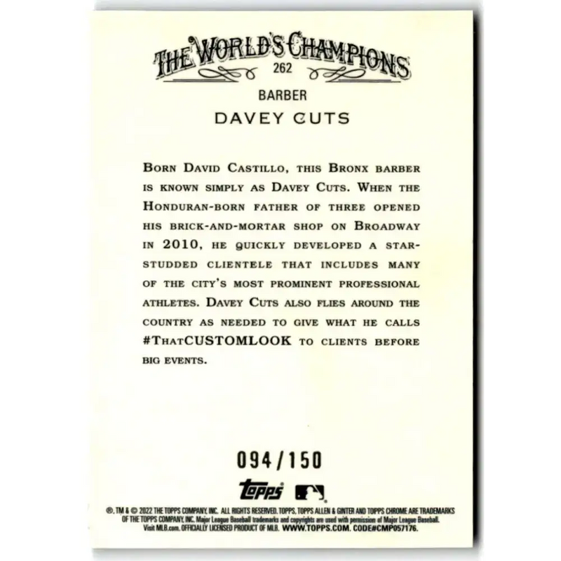 2022 Topps Allen and Ginter Chrome Refractor Blue #262 Davey Cuts NM-MT 088/150 Baseball Card - Baseball Card Single