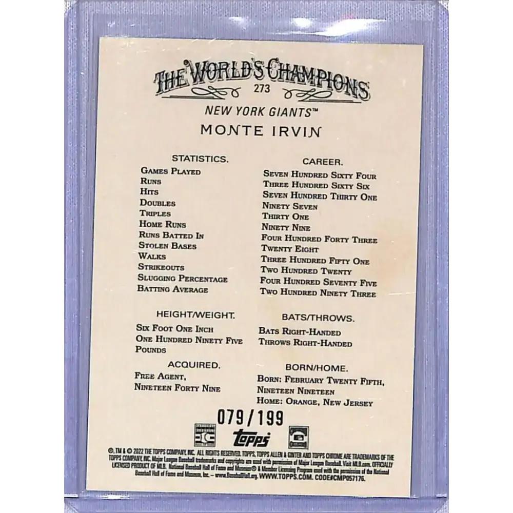 2022 Topps Allen and Ginter Chrome Refractor Magenta #273 Monte Irvin NM-MT 79/199 New York Giants Baseball Card