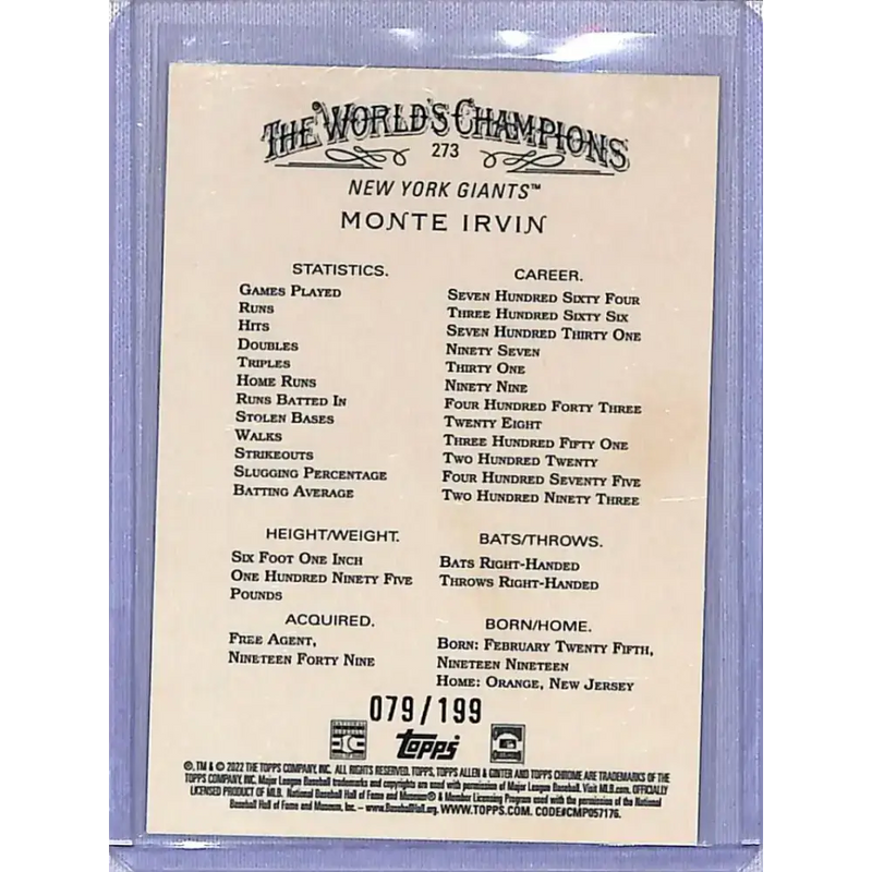 2022 Topps Allen and Ginter Chrome Refractor Magenta #273 Monte Irvin NM-MT 79/199 New York Giants Baseball Card
