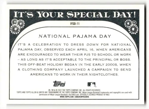 Baseball card back with original gloss from 2022 Topps Allen and Ginter It’s Your Special Day series