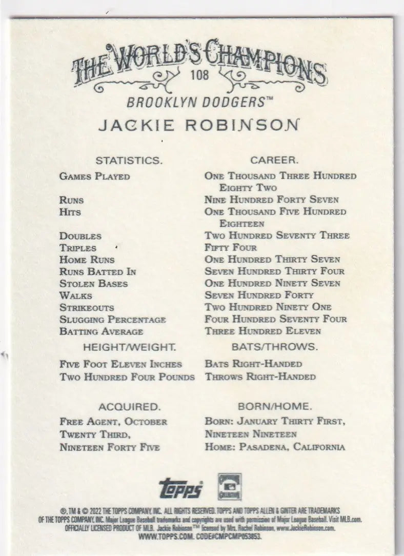 2022 TOPPS ALLEN & GINTER #108 JACKIE ROBINSON WORLD CHAMPION- BROOKLYN DODGERS - Baseball Card Single