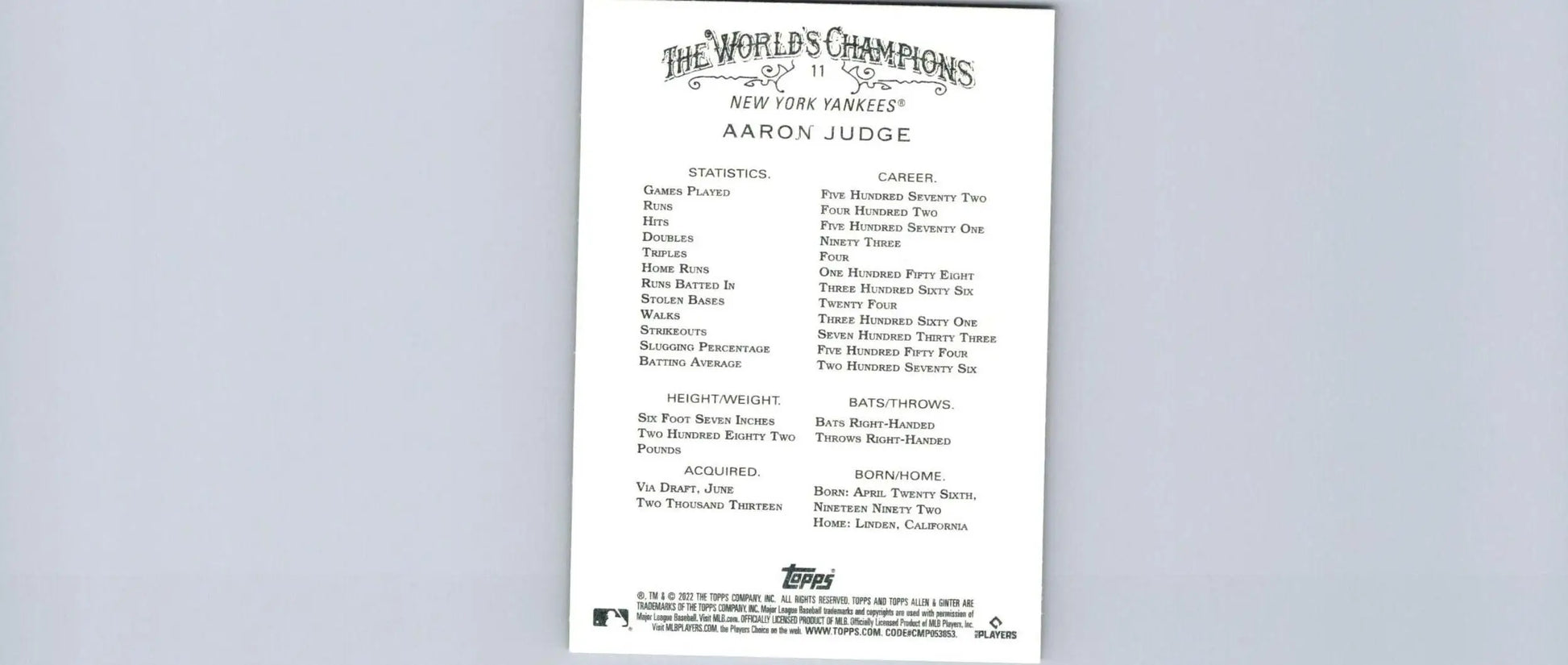 Aaron Judge baseball card from 2022 Topps Allen & Ginter trading cards collection