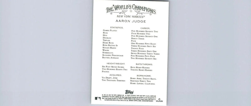 Aaron Judge baseball card from 2022 Topps Allen & Ginter trading cards collection