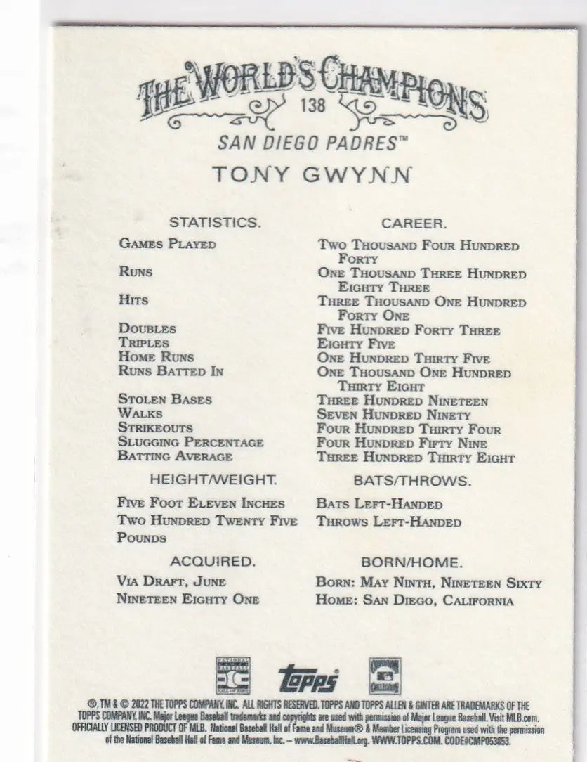 2022 TOPPS ALLEN & GINTER #138 TONY GWYNN WORLD CHAMPION- SAN DIEGO PADRES - Baseball Card Single
