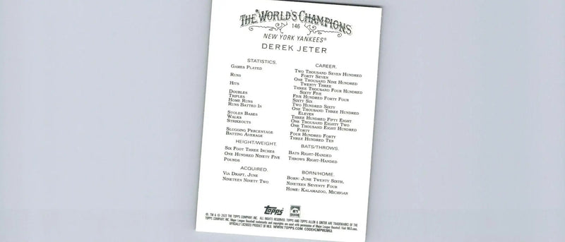 Derek Jeter baseball card from 2022 Topps Allen & Ginter trading cards collection