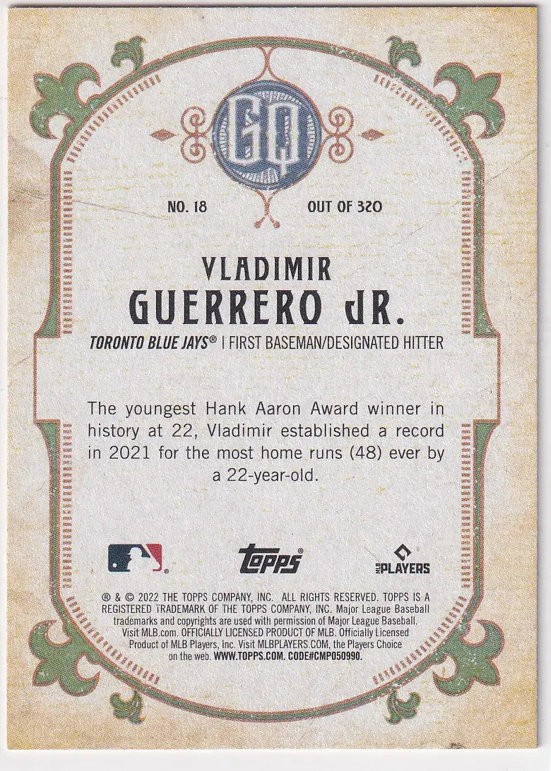 2022 TOPPS ALLEN & GINTER #18 VLADIMIR GUERRERO JR- TORONTO BLUE JAYS - Baseball Card Single