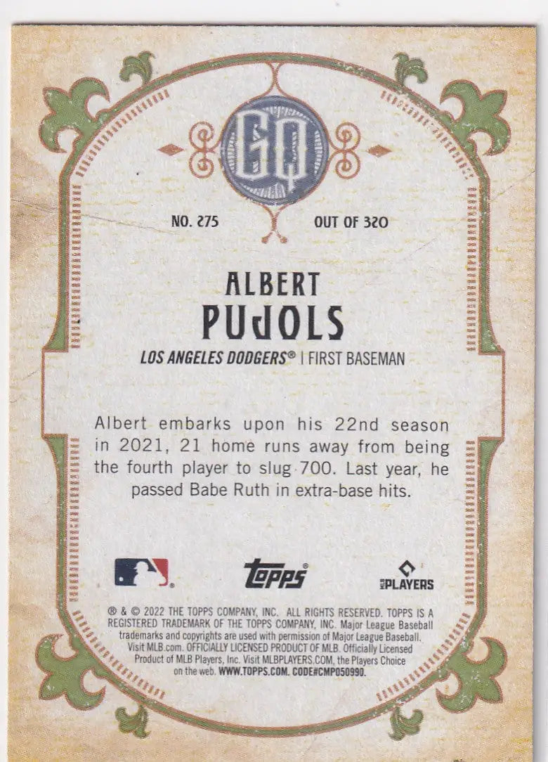 2022 TOPPS ALLEN & GINTER #275 ALBERT PUJOLS- LOS ANGELES DODGERS - Baseball Card Single