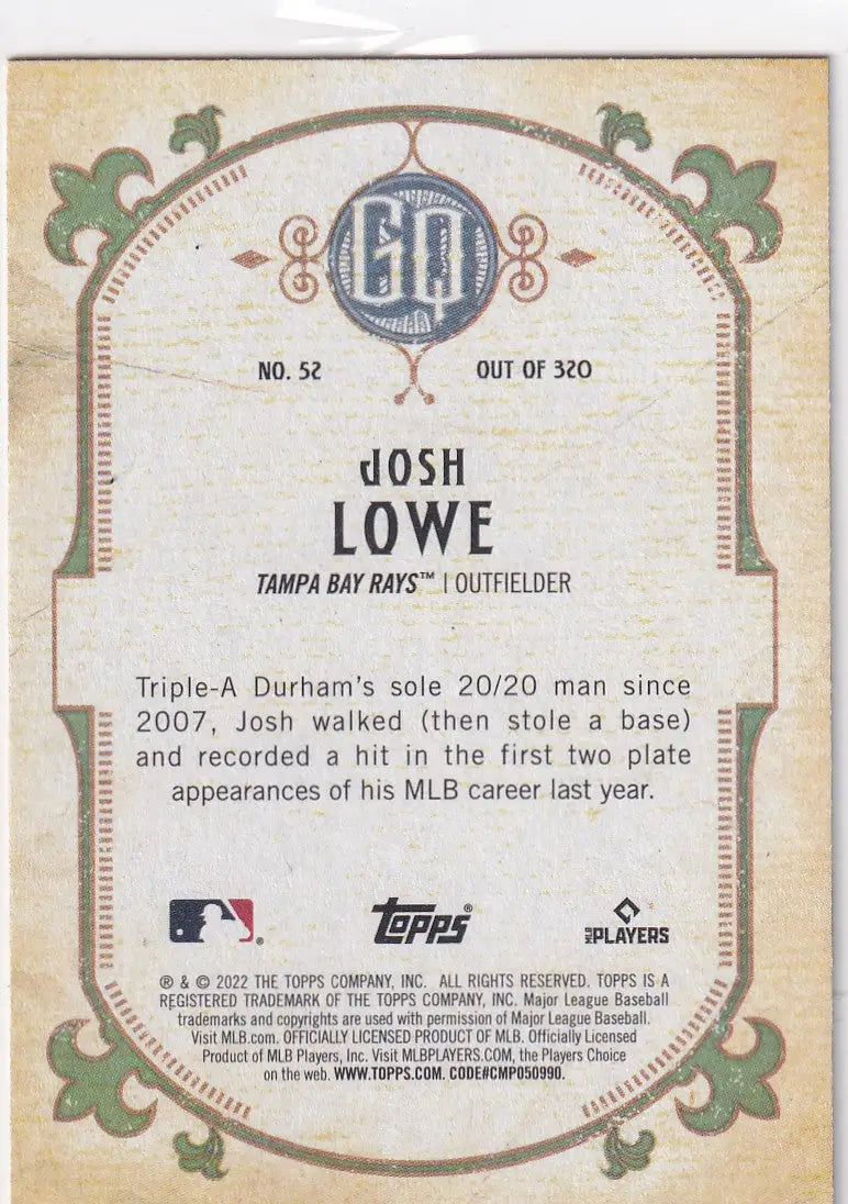 2022 TOPPS ALLEN & GINTER #52 JOSH LOWE- TAMPA BAY RAYS - Baseball Card Single