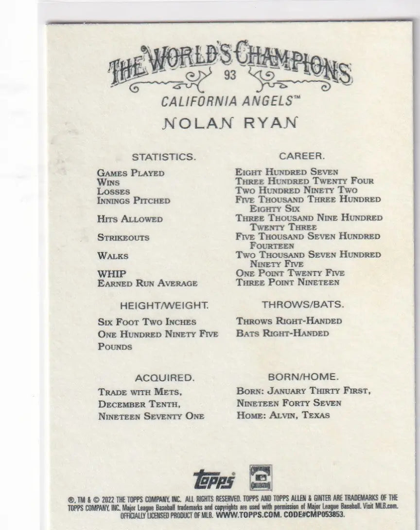2022 TOPPS ALLEN & GINTER #93 NOLAN RYAN WORLD CHAMPION- CALIFORNIA ANGELS - Baseball Card Single
