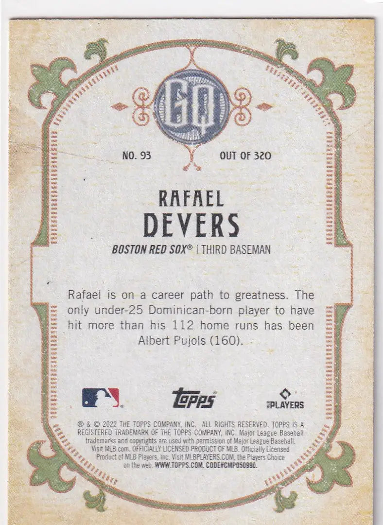 2022 TOPPS ALLEN & GINTER #93 RAFAEL DEVERS- BOSTON RED SSOX - Baseball Card Single