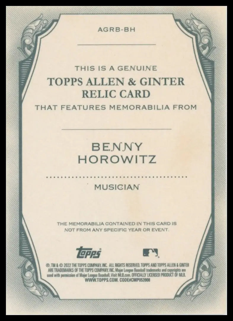 2022 Topps Allen & Ginter - Benny Horowitz AGRB-BH Memorabilia Baseball NM - Baseball Card Single