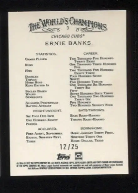 2022 Topps Allen & Ginter Chrome Orange Refractor 12/25 Ernie Banks #3 HOF - Baseball Card Single