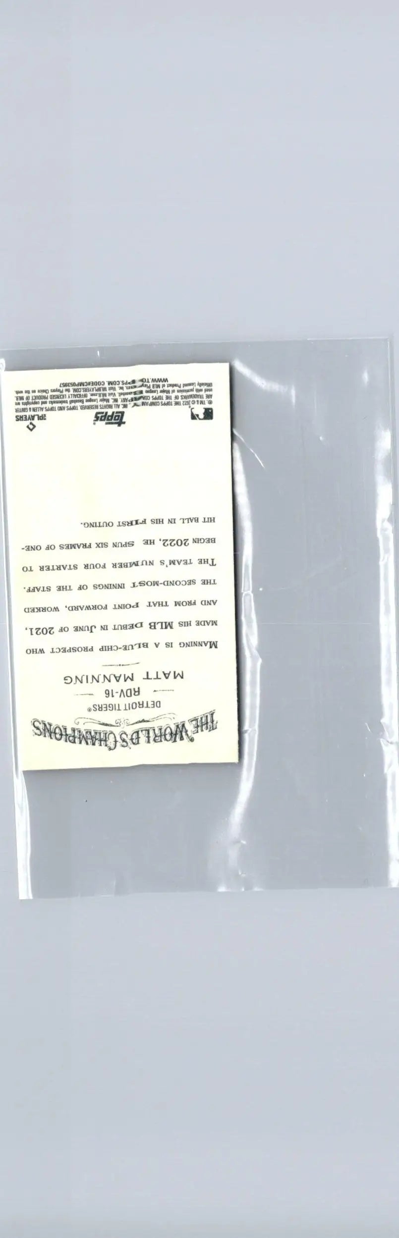 Baseball card in protective sleeve of Matt Manning Mini from 2022 Topps Allen & Ginter