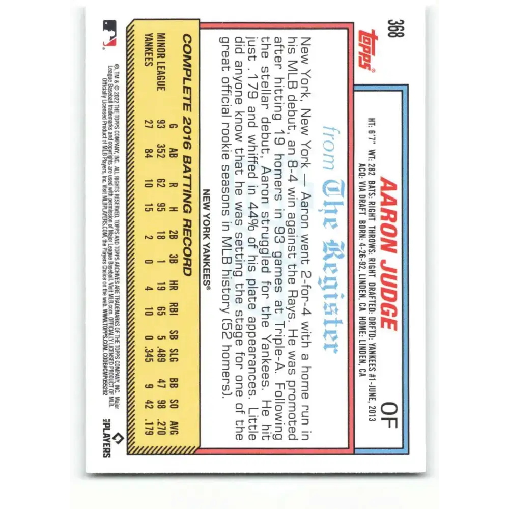 2022 Topps Archives #368 Aaron Judge NM-MT New York Yankees Baseball Card