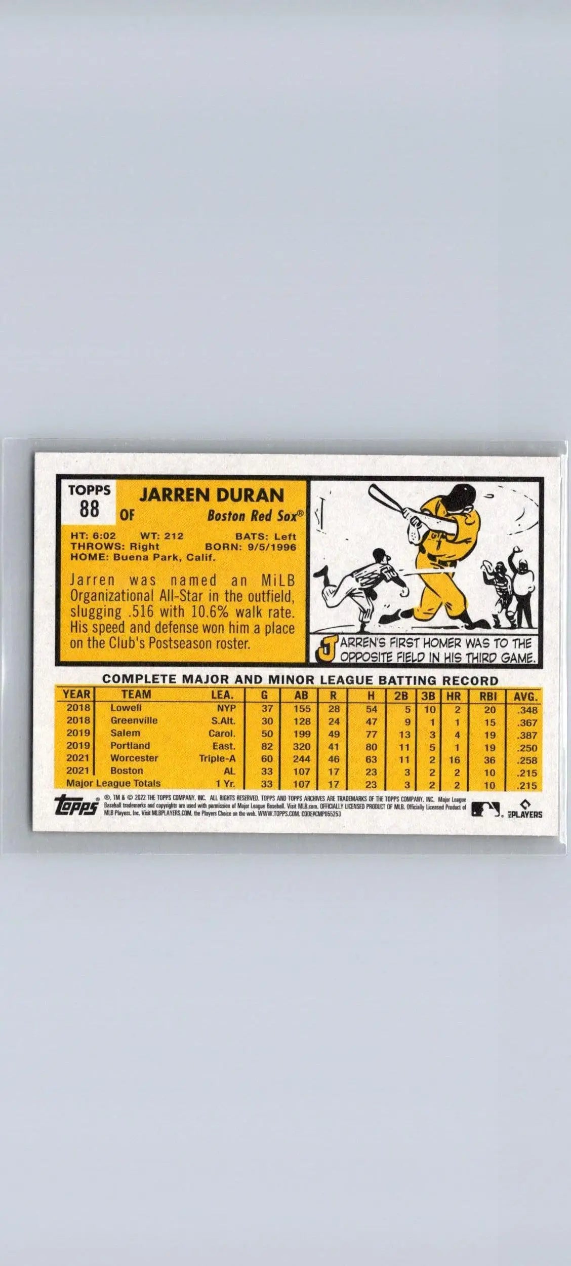 Jarren Duran 2022 Topps Archives #88 trading card for collectors and fans