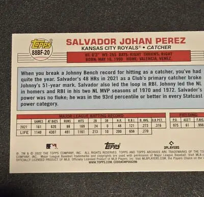 2022 Topps Archives #88BF-20 Salvador Perez 1988 Topps Big Foil - Baseball Card Single