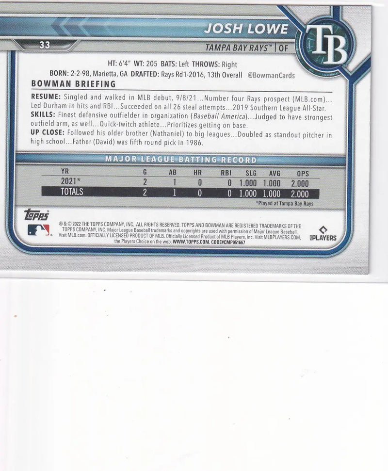 2022 TOPPS BOWMAN #33 JOSH LOWE- TAMPA BAY RAYS - Baseball Card Single