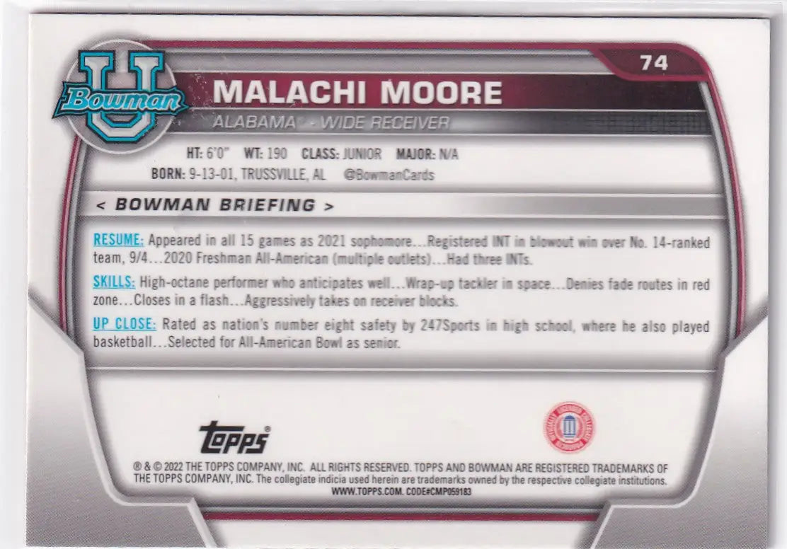 2022 TOPPS BOWMAN #74 MALACHI MOORE PINK- ALABAMA