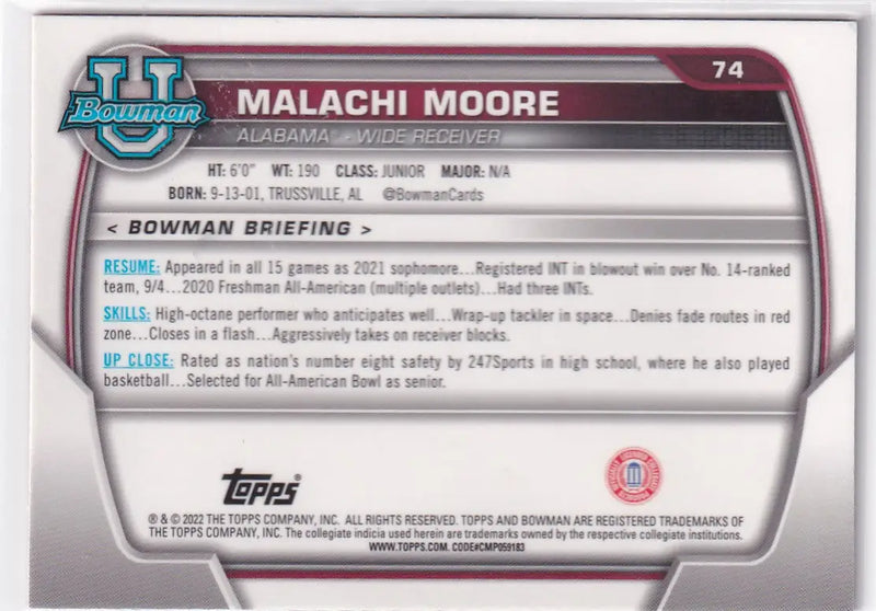 2022 TOPPS BOWMAN #74 MALACHI MOORE PINK- ALABAMA