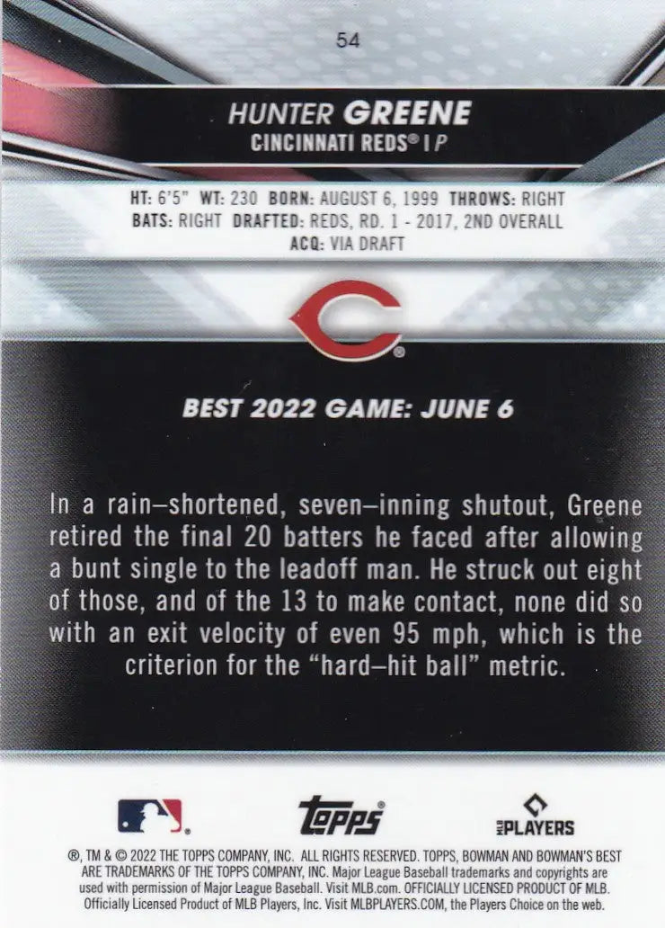 2022 TOPPS BOWMAN BEST #54 HUNTER GREENE- CINCINNATI REDS - Baseball Card Single
