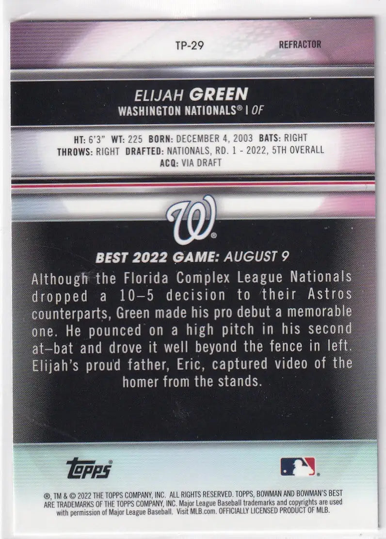 2022 TOPPS BOWMAN BEST #TP-29 ELIJAH GREEN REFRACTOR- WASHINGTON NATIONALS - Baseball Card Single