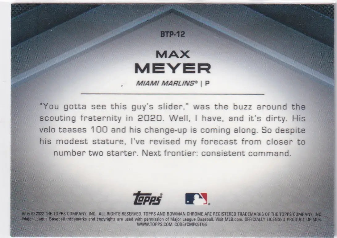 2022 TOPPS BOWMAN CHROME #BTP-12 MAX MEYER- MIAMI MARLINS - Baseball Card Single