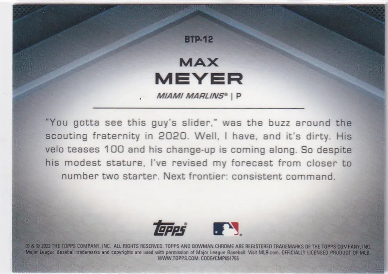 2022 TOPPS BOWMAN CHROME #BTP-12 MAX MEYER- MIAMI MARLINS - Baseball Card Single