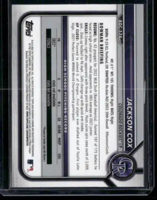 2022 Topps Bowman Draft Chrome Jackson Cox #BDC-174 Black & White WaveRay 1st - Baseball Card Single