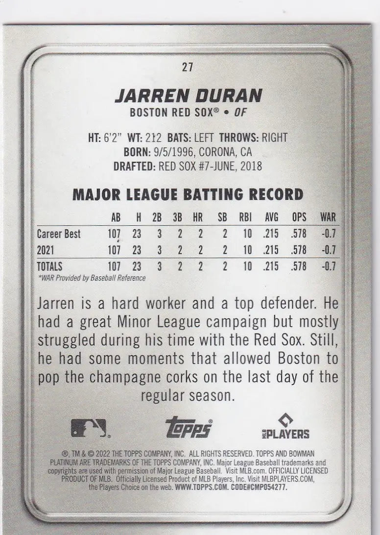 2022 TOPPS BOWMAN PLATNIUM #27 JARREN DURAN- BOSTON RED SOX - Baseball Card Single