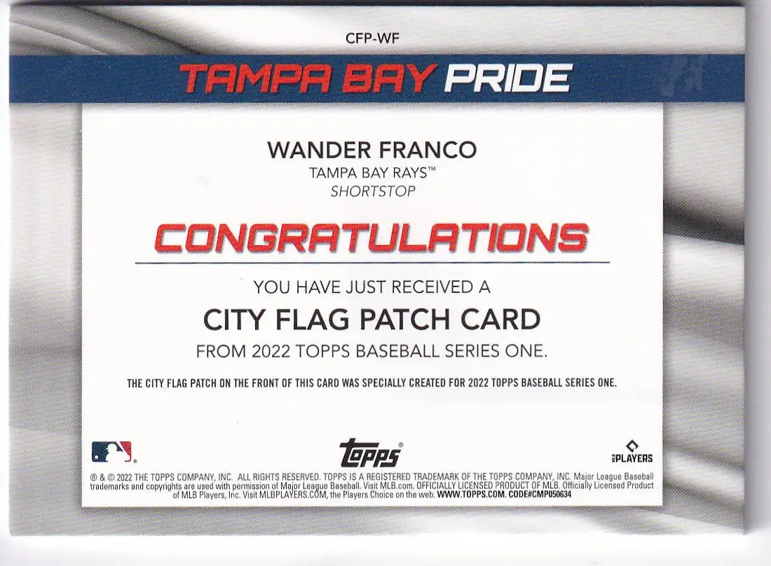 2022 TOPPS #CFP-WF WANDER FRANCO TAMPA BAY PRIDE PATCH- TAMPA BAY RAYS - Baseball Card Single