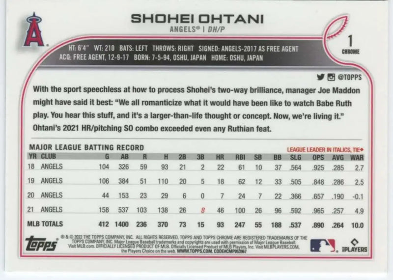 2022 Topps Chrome #1 Shohei Ohtani NM-MT Los Angeles Angels Baseball Card