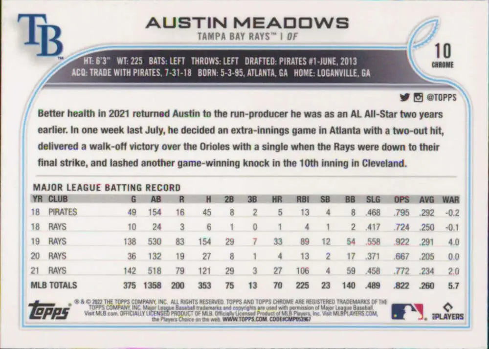 2022 Topps Chrome #10 Austin Meadows NM-MT Tampa Bay Rays Baseball Card - Baseball Card Single