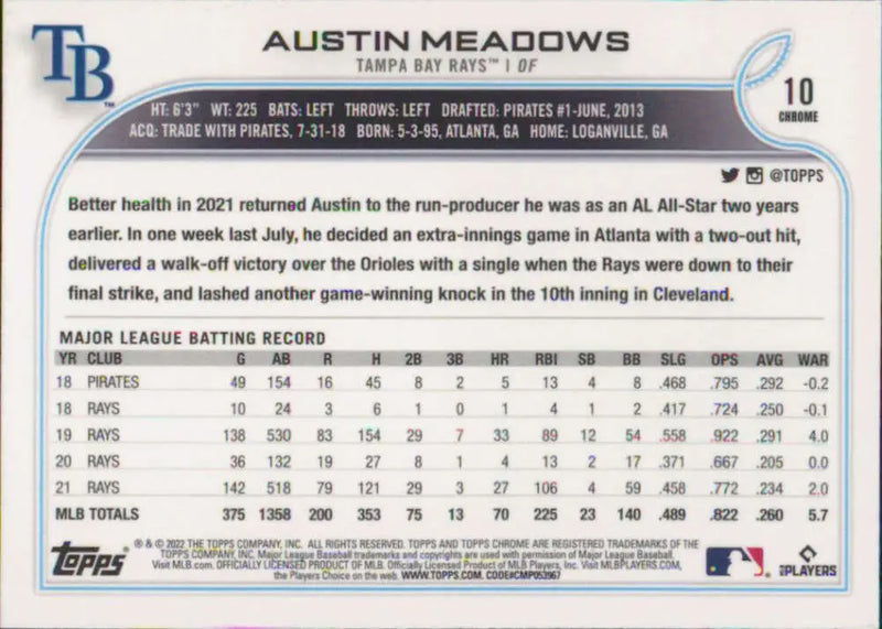 2022 Topps Chrome #10 Austin Meadows NM-MT Tampa Bay Rays Baseball Card - Baseball Card Single
