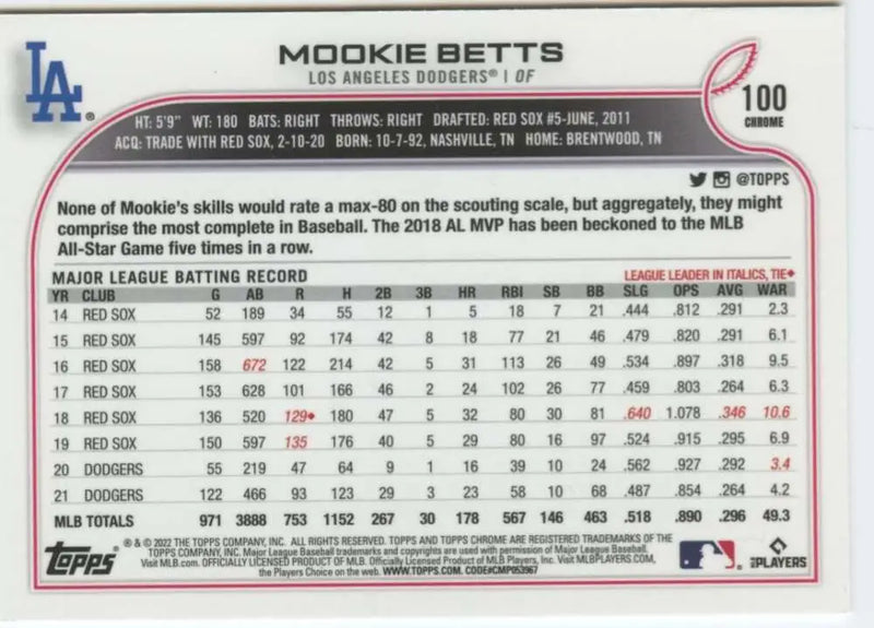 2022 Topps Chrome #100 Mookie Betts NM-MT Los Angeles Dodgers Baseball Card - Baseball Card Single