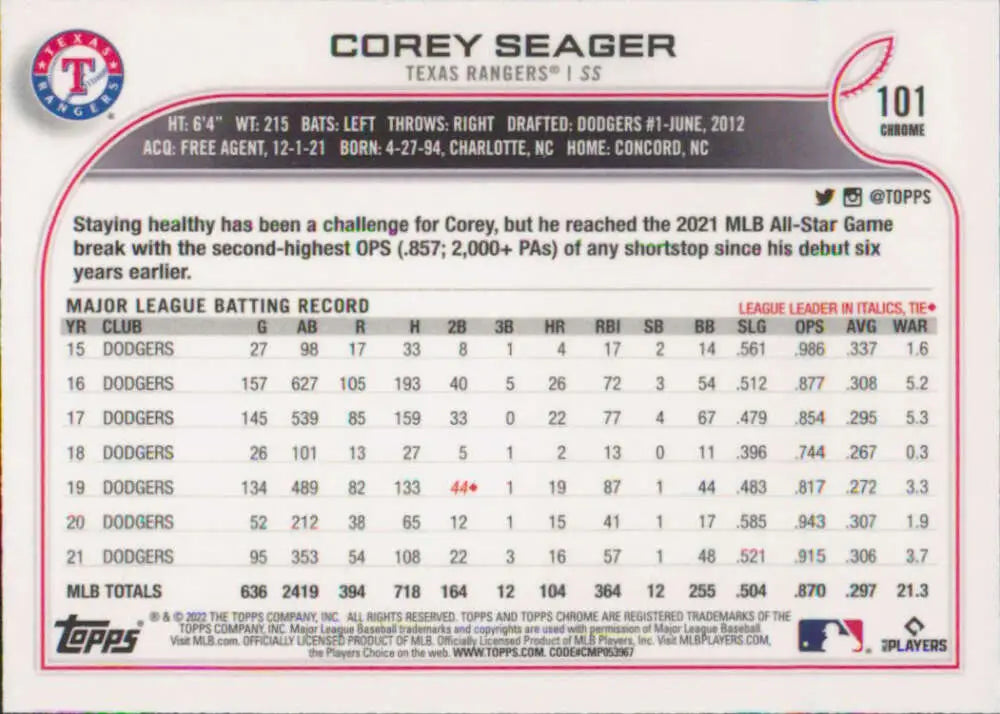 2022 Topps Chrome #101 Corey Seager NM-MT Texas Rangers Baseball Card - Baseball Card Single