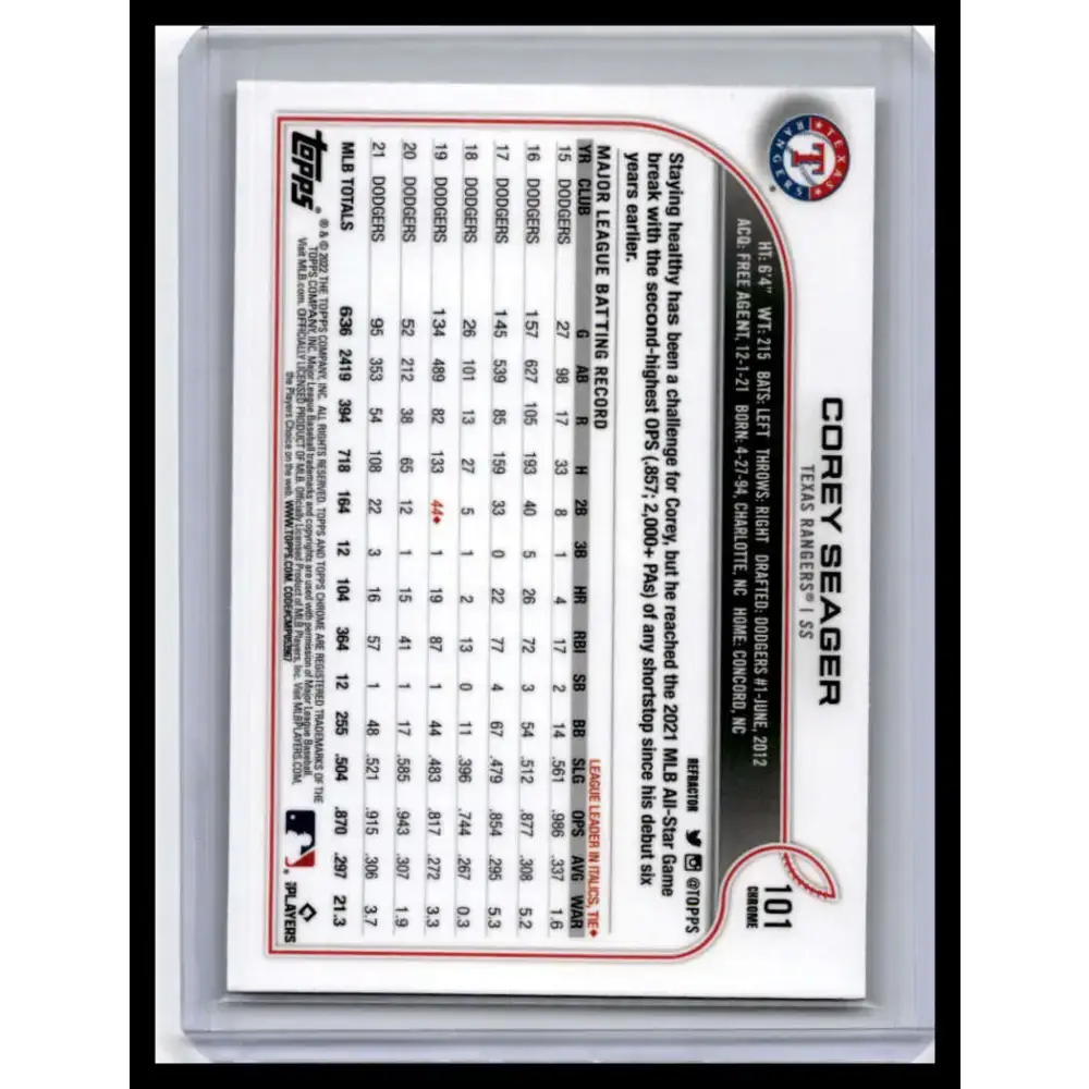 2022 Topps Chrome #101 Corey Seager NM-MT Texas Rangers Baseball Card - Baseball Card Single