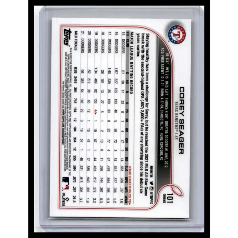 2022 Topps Chrome #101 Corey Seager NM-MT Texas Rangers Baseball Card - Baseball Card Single
