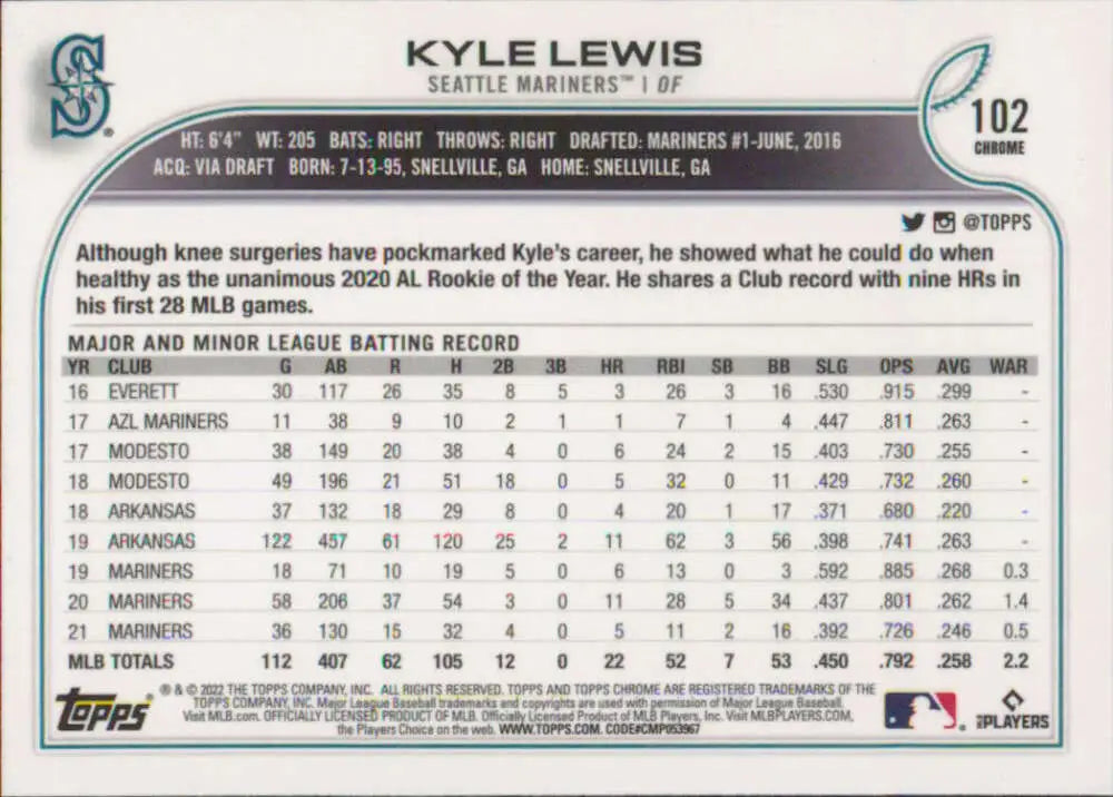 2022 Topps Chrome #102 Kyle Lewis NM-MT Seattle Mariners Baseball Card - Baseball Card Single