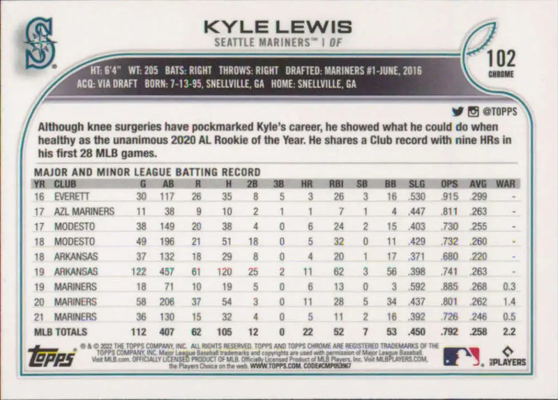 2022 Topps Chrome #102 Kyle Lewis NM-MT Seattle Mariners Baseball Card - Baseball Card Single