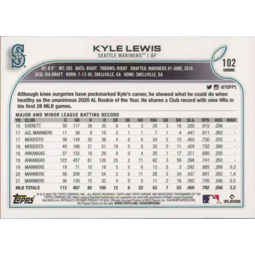 2022 Topps Chrome #102 Kyle Lewis NM-MT Seattle Mariners Baseball Card - Baseball Card Single