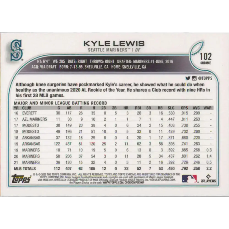 2022 Topps Chrome #102 Kyle Lewis NM-MT Seattle Mariners Baseball Card - Baseball Card Single