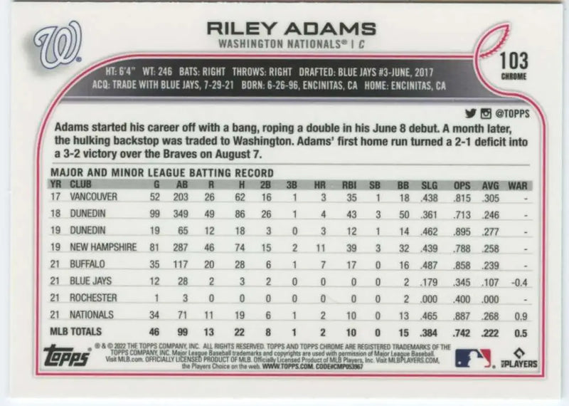 2022 Topps Chrome #103 Riley Adams NM-MT RC Rookie Washington Nationals Baseball Card - Baseball Card Single
