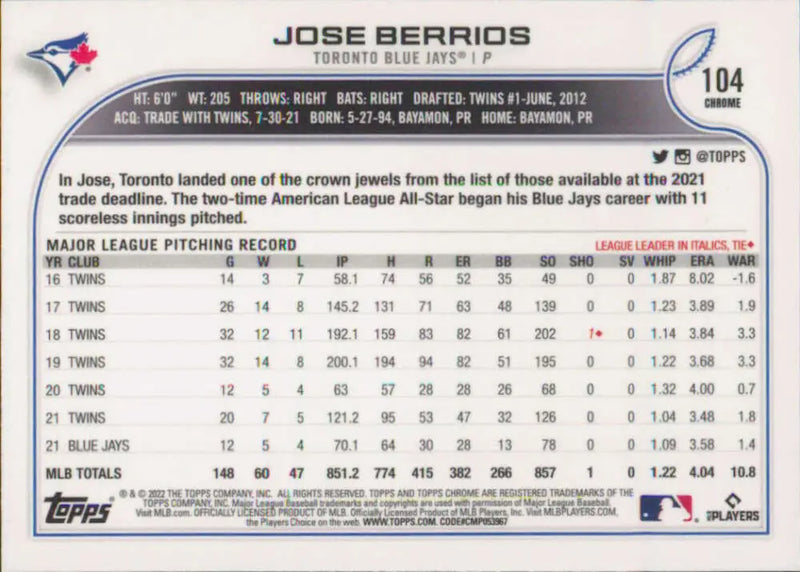 2022 Topps Chrome #104 Jose Berrios NM-MT Toronto Blue Jays Baseball Card - Baseball Card Single