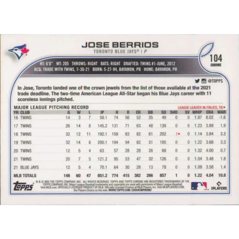2022 Topps Chrome #104 Jose Berrios NM-MT Toronto Blue Jays Baseball Card - Baseball Card Single